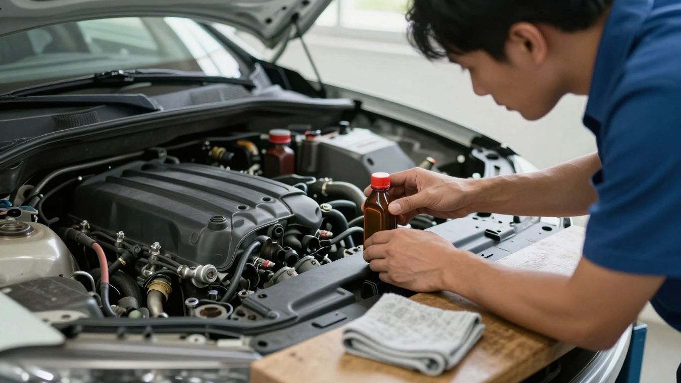 Lubricant oil being checked beside vehicle engine