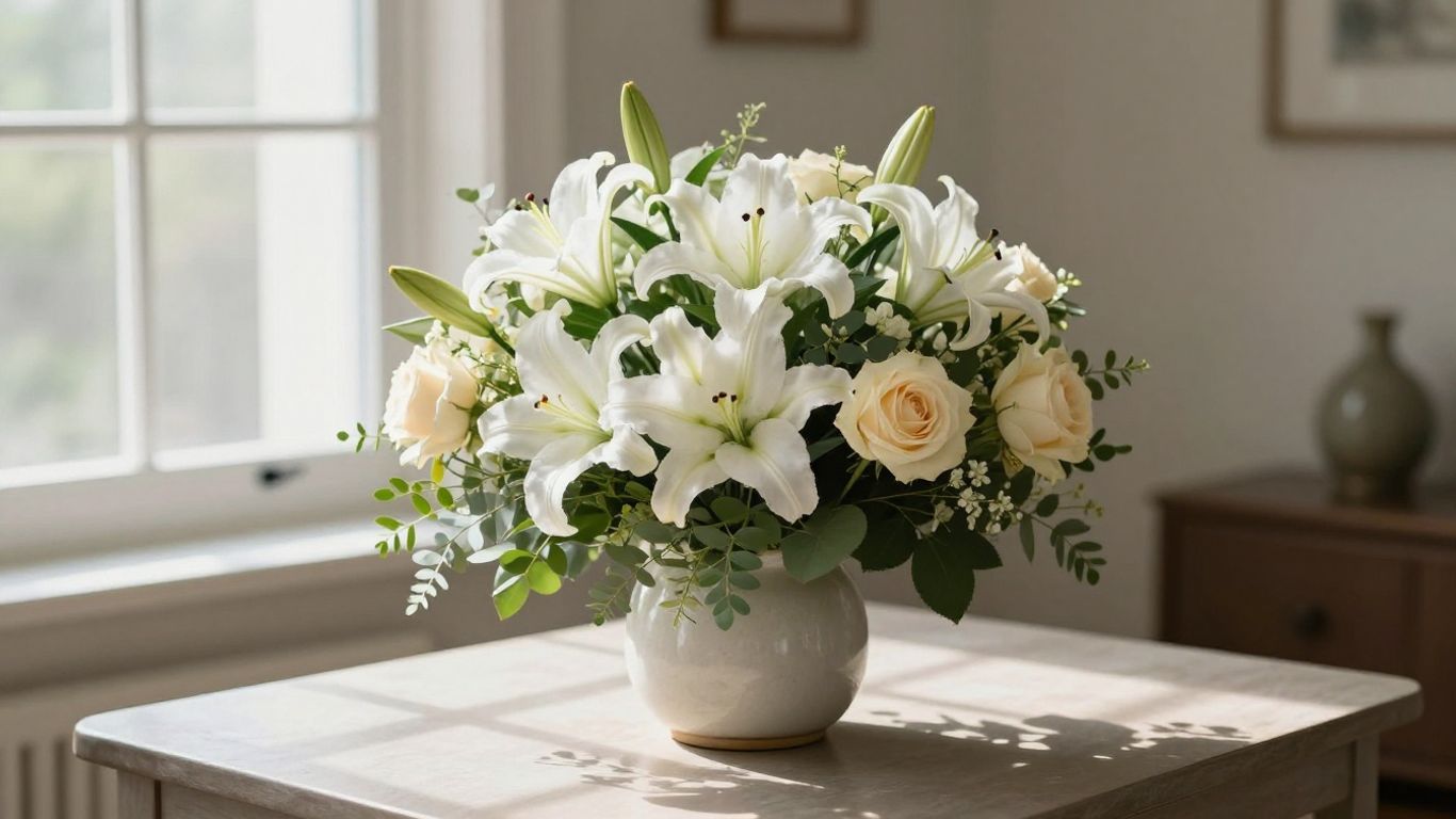 Soft white sympathy arrangement beside a candle