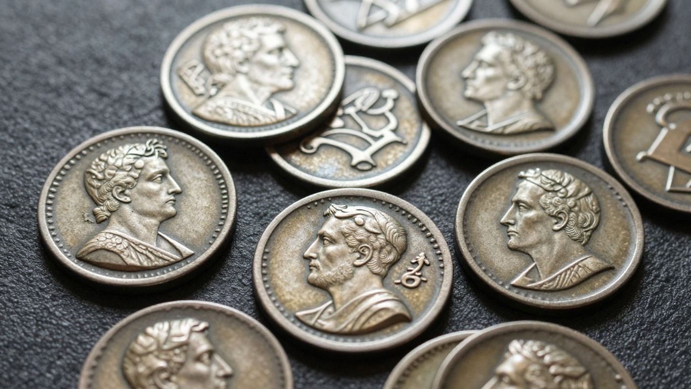 Ancient coins with historical details on a textured surface.