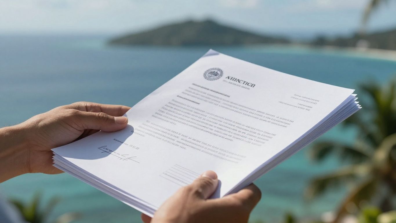 Documents and tropical island for property verification.