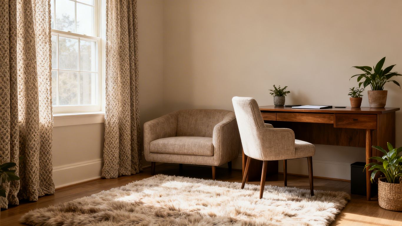 Serene home office with soft textures and natural light.