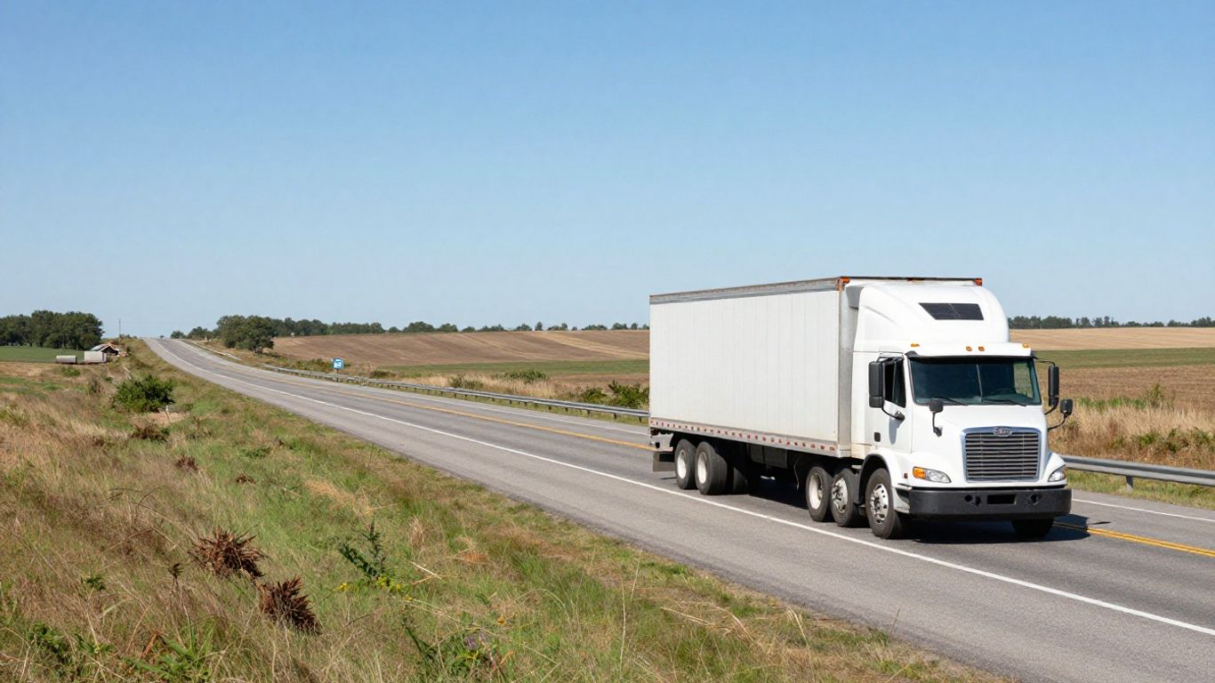 Contractor truck crossing state lines on a highway.