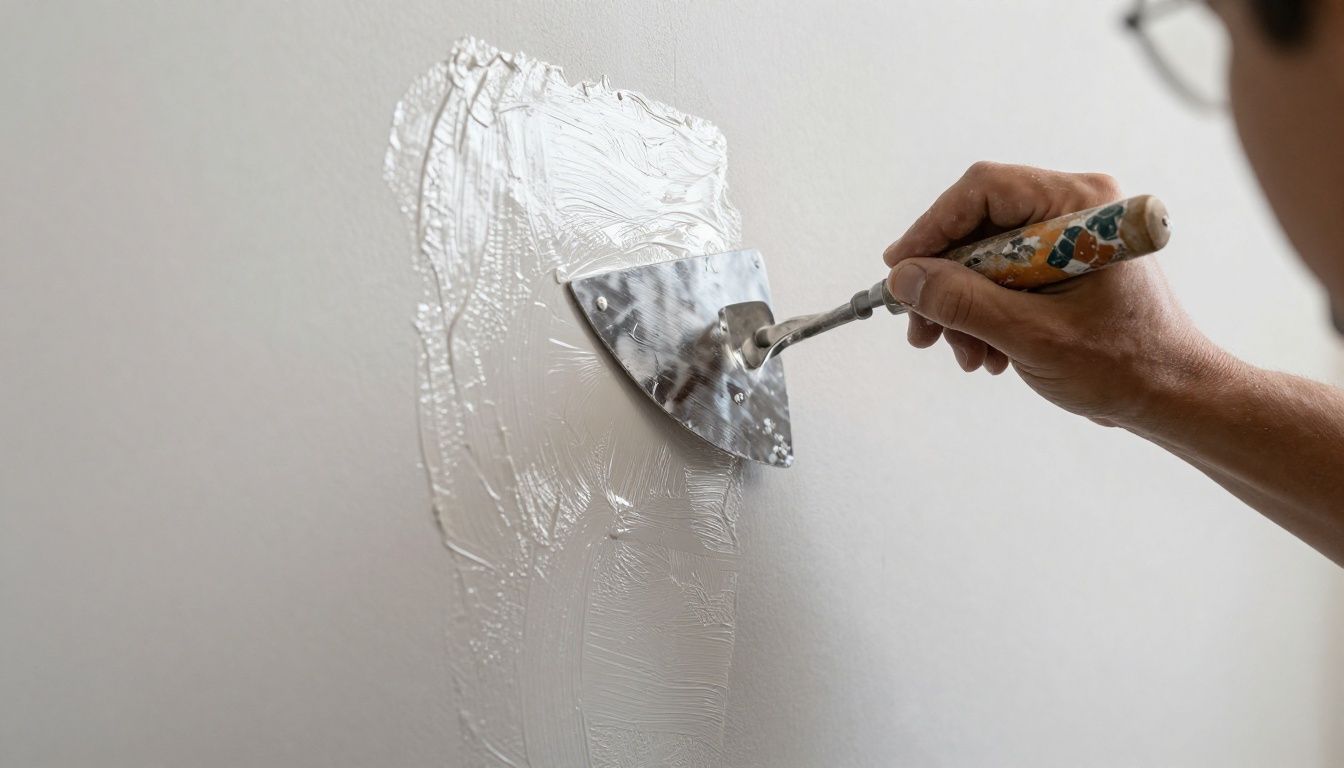 A plasterer's hand using a steel trowel to burnish a final layer of Venetian plaster on a wall, creating a glossy sheen