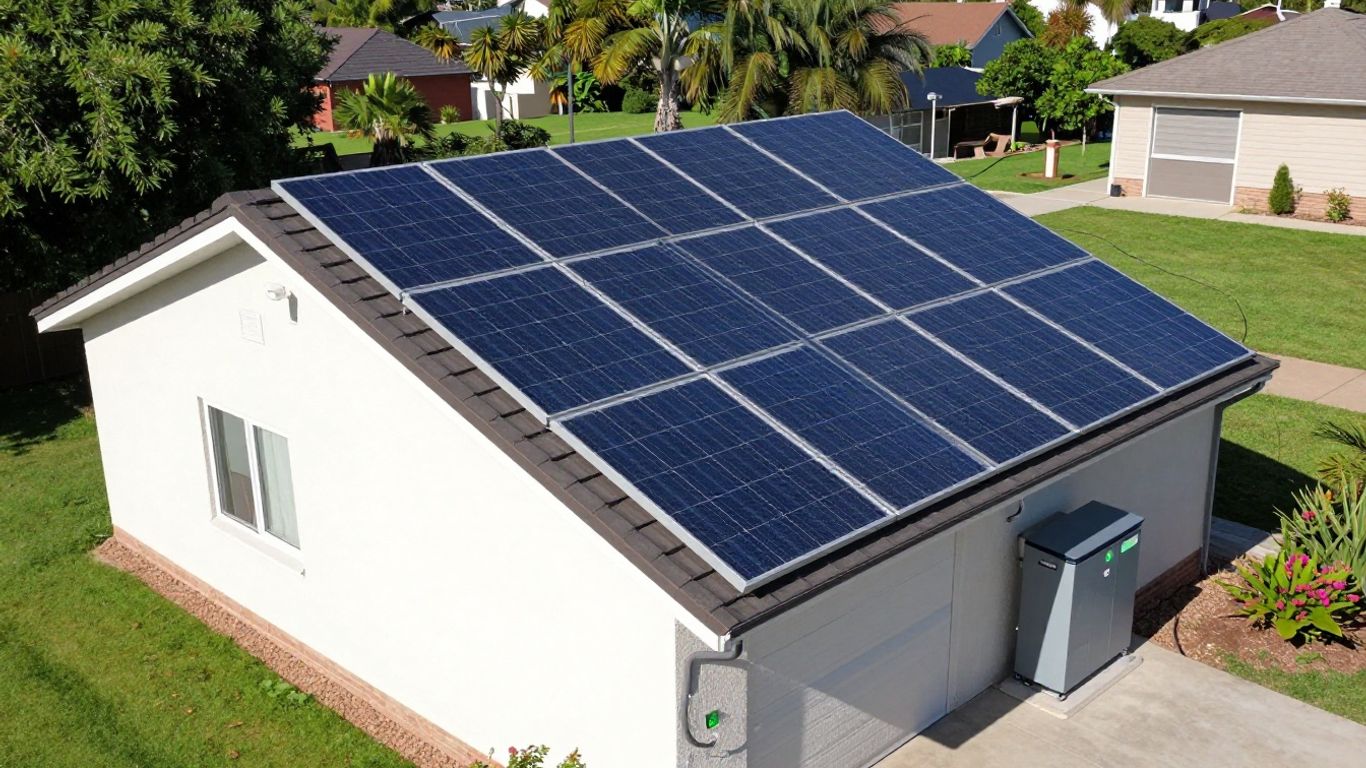 House with solar panels and battery for microgrid.