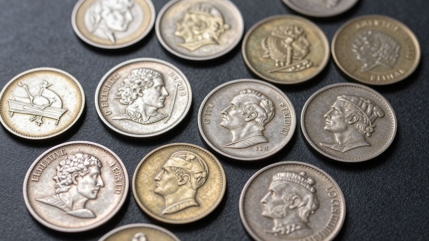 Ancient and modern transition metal coins arranged together