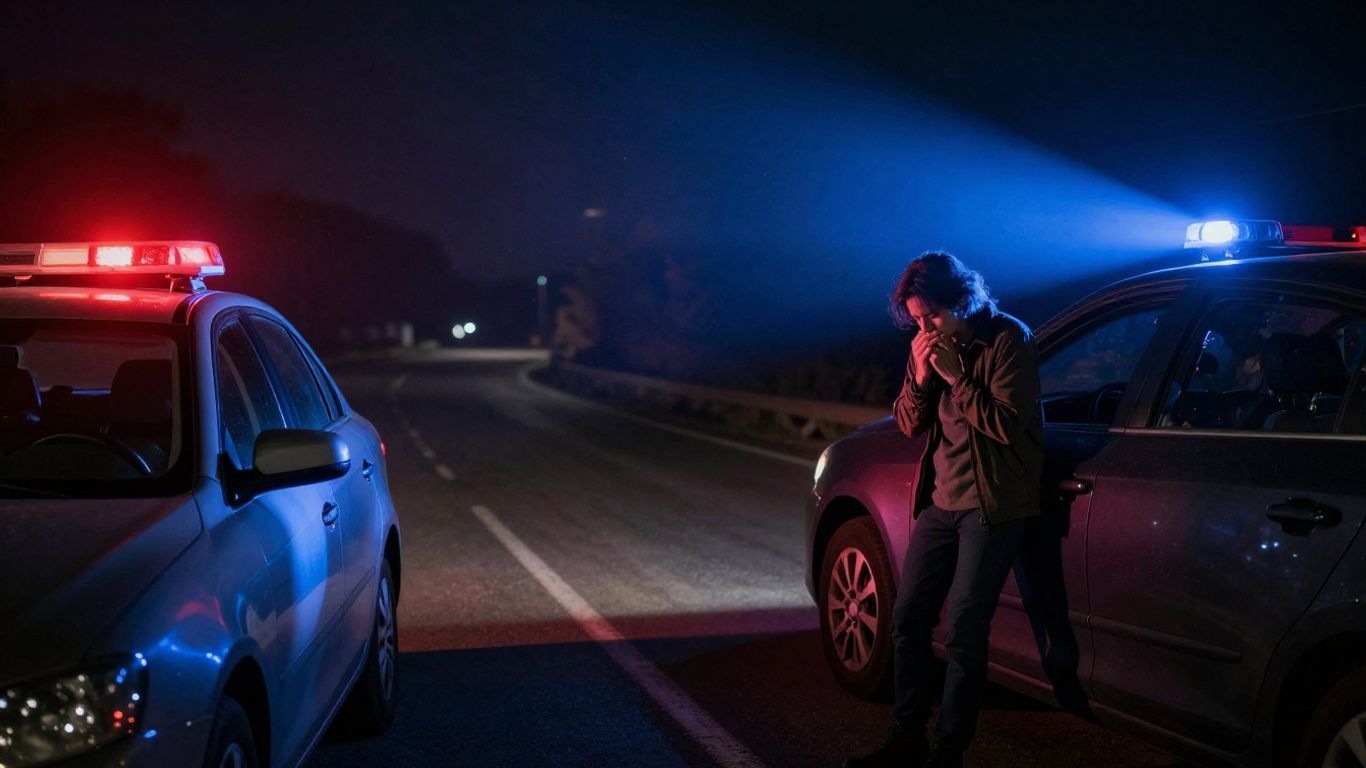 Driver pulled over by police lights, looking worried.