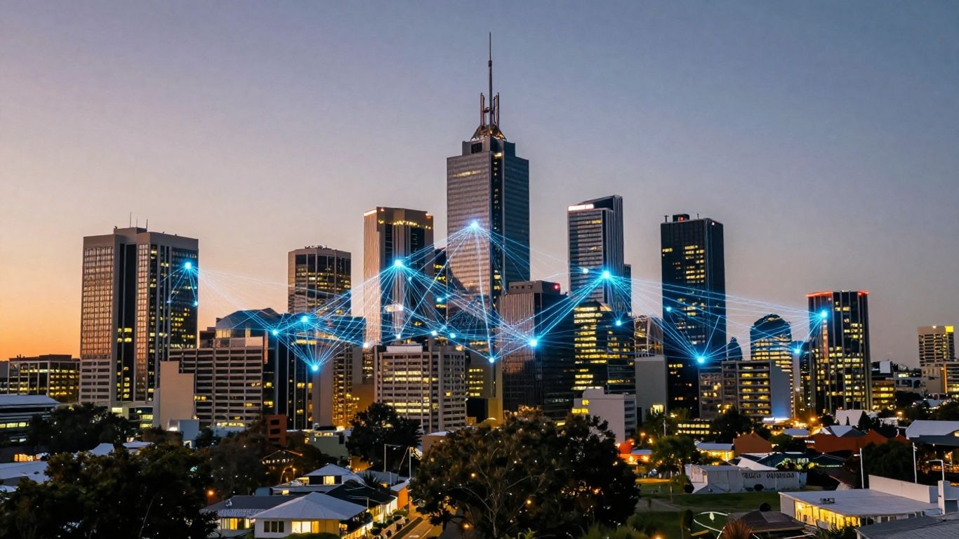 Adelaide cityscape with glowing AI network lines.