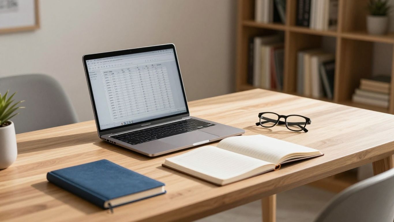 A clean minimalist home office interior with digital tools