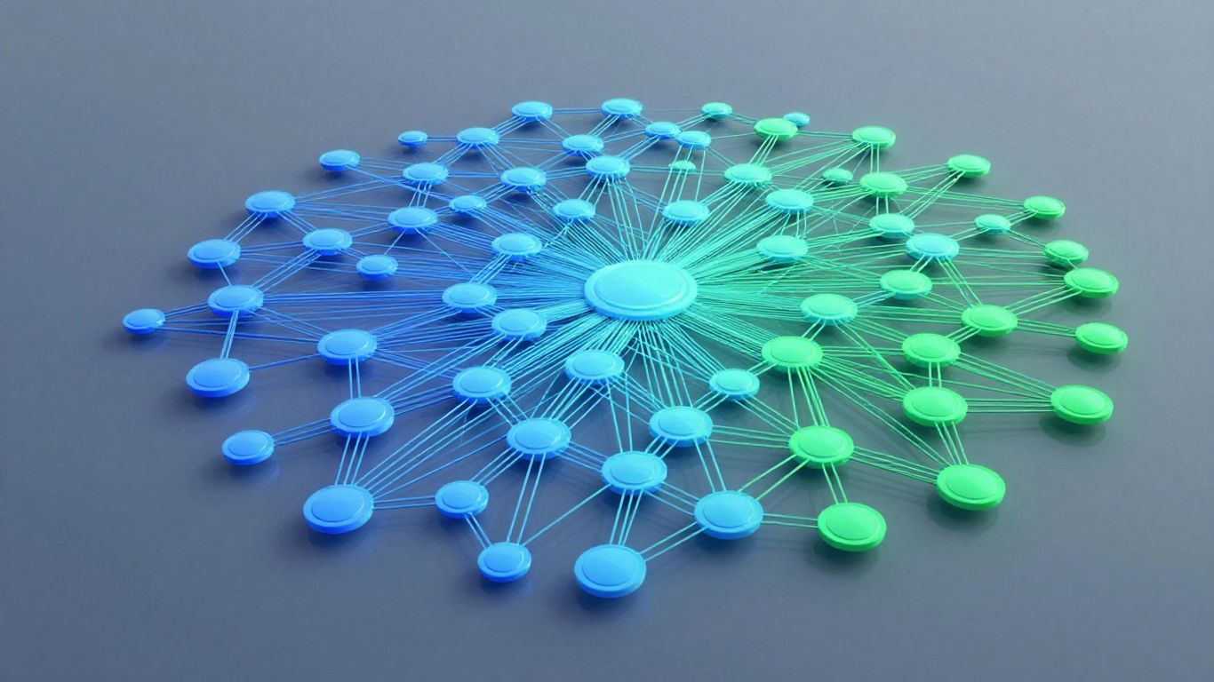 Abstract digital network structure with interconnected nodes and pathways.