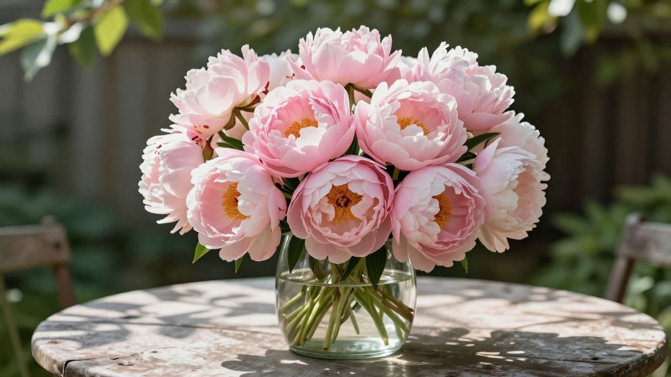 Soft pink peonies blooming in a sunlit garden