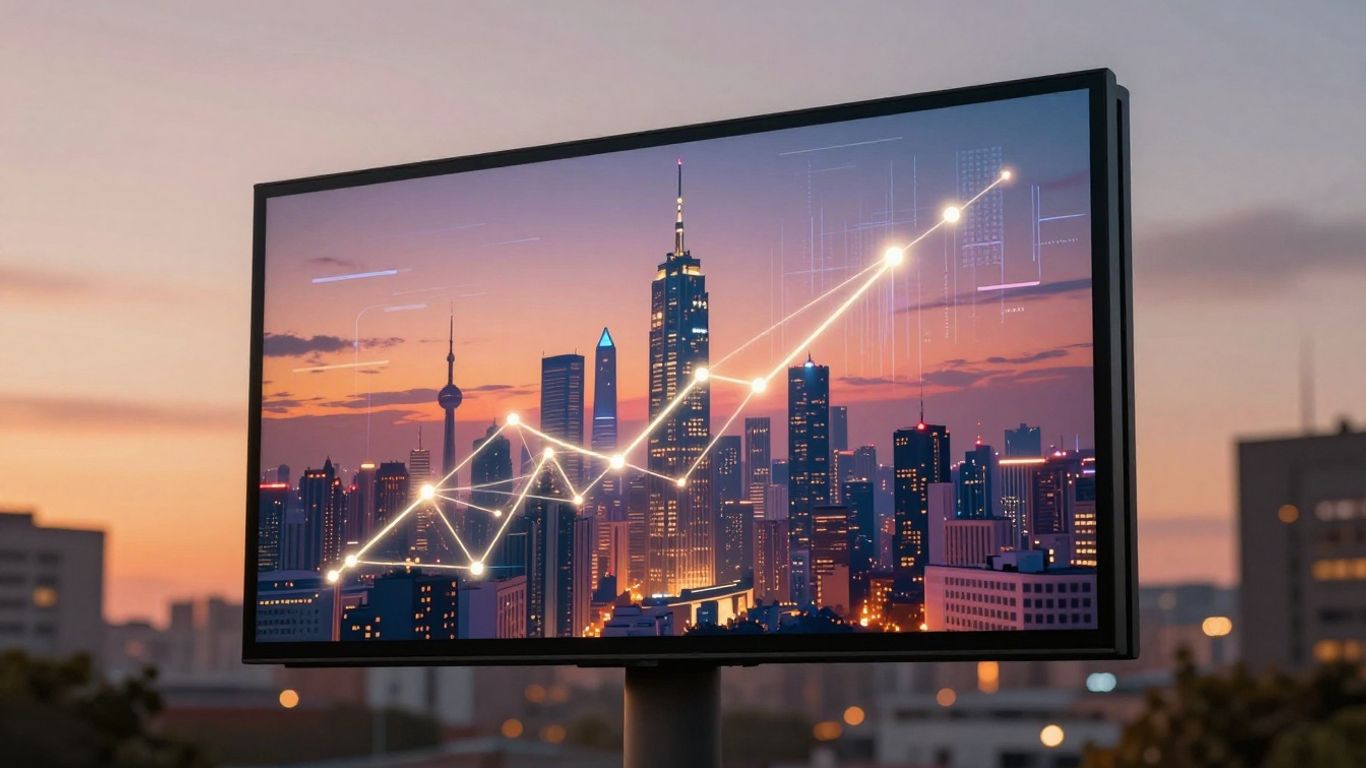 Anúncios digitais flutuando sobre uma cidade iluminada.