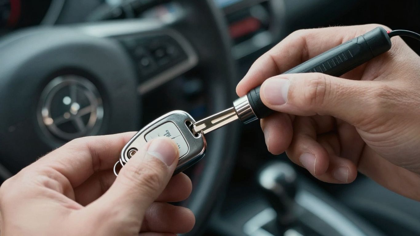 Locksmith programming a car key fob with a tool.