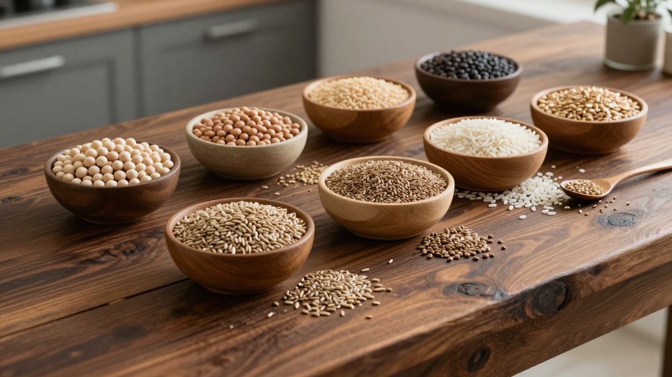 Healthy plant proteins on wood table
