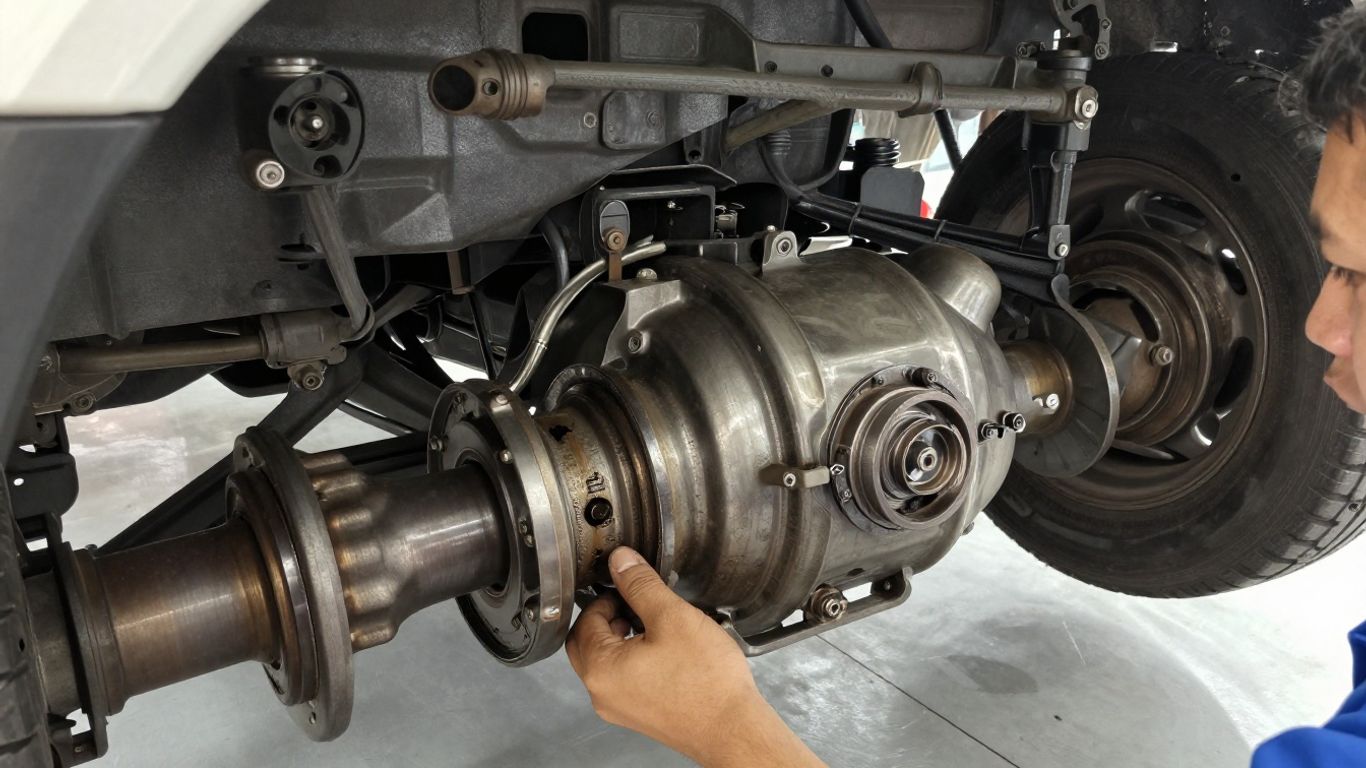 A technician looking at car chassis
