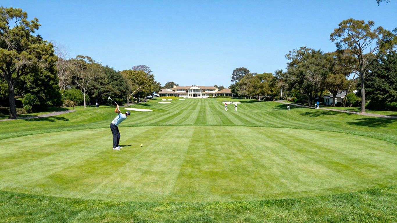 Golfbaan met groene fairways en een clubhuis.