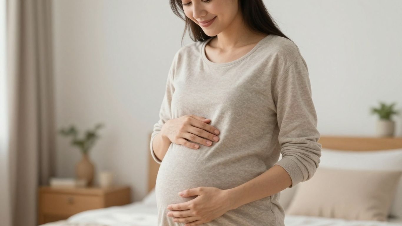 Pregnant woman holding her belly, looking serene.