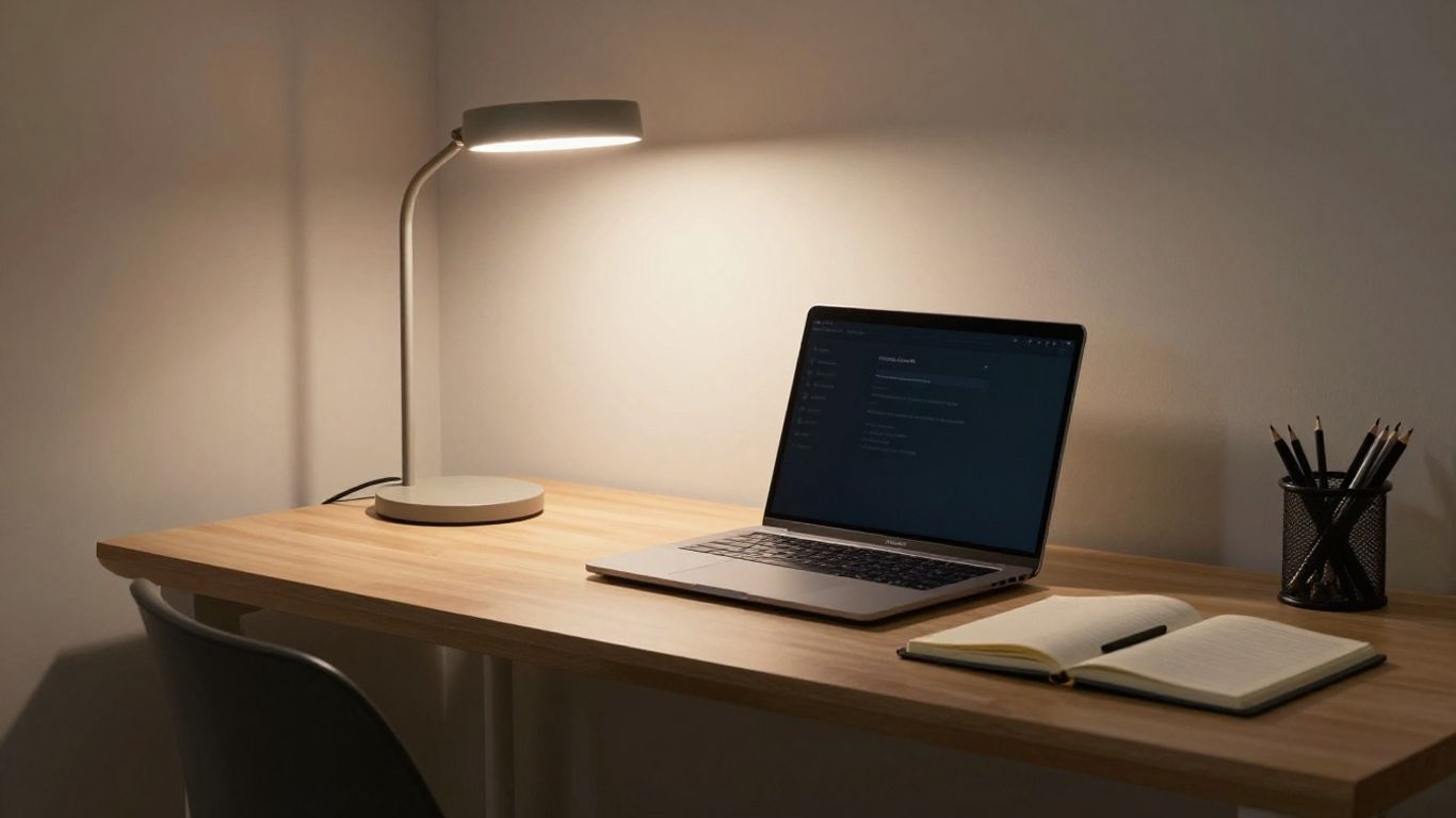 Home Office mit hellem, einstellbarem Schreibtischlicht