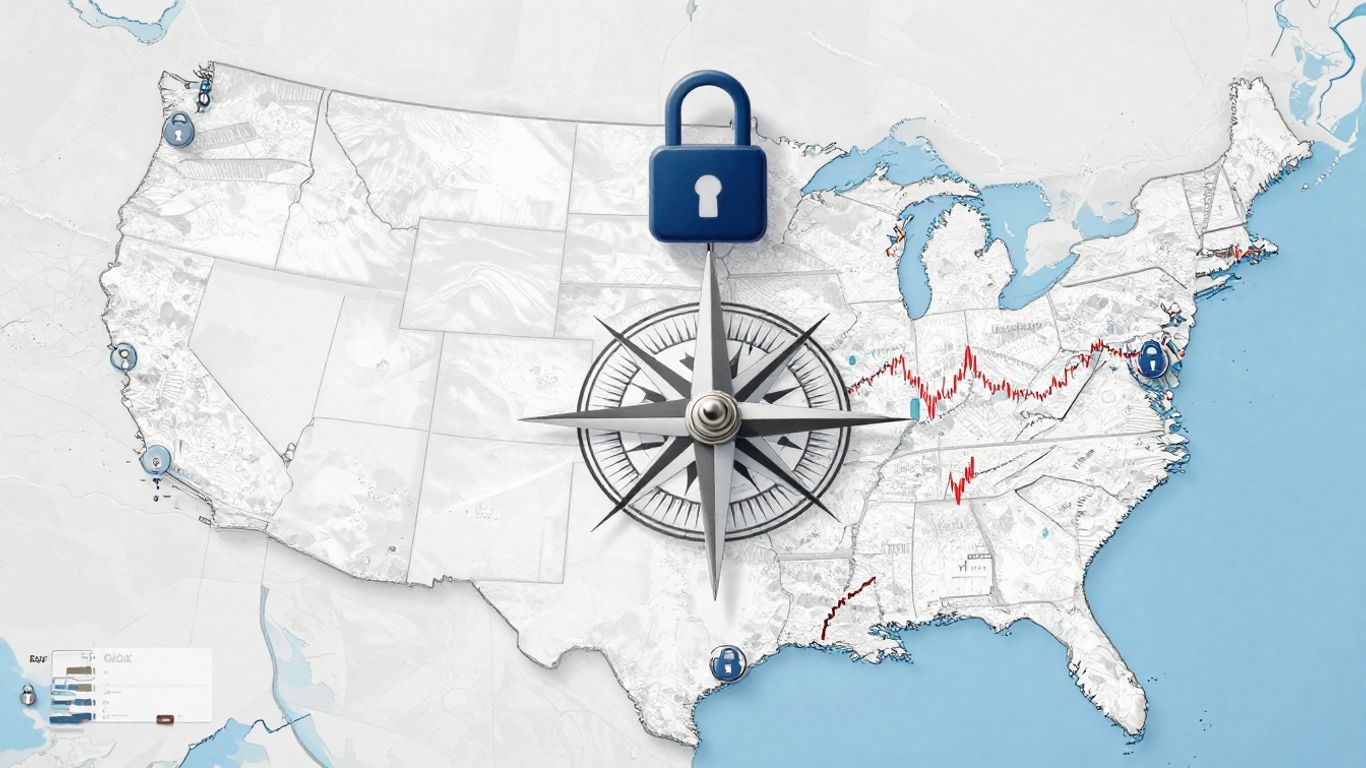 US forex trading regulation map with compass and lock icons.