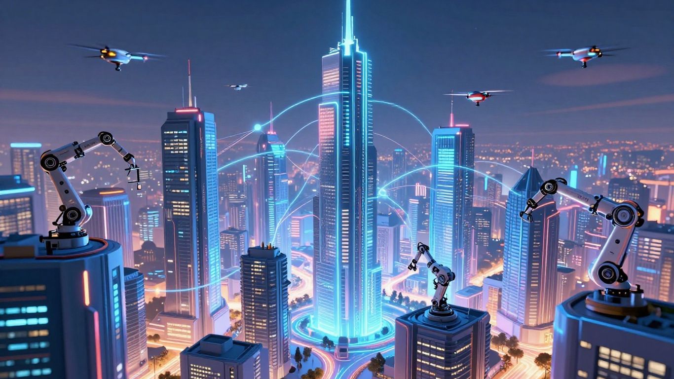 Futuristic cityscape with automated systems and digital connections.