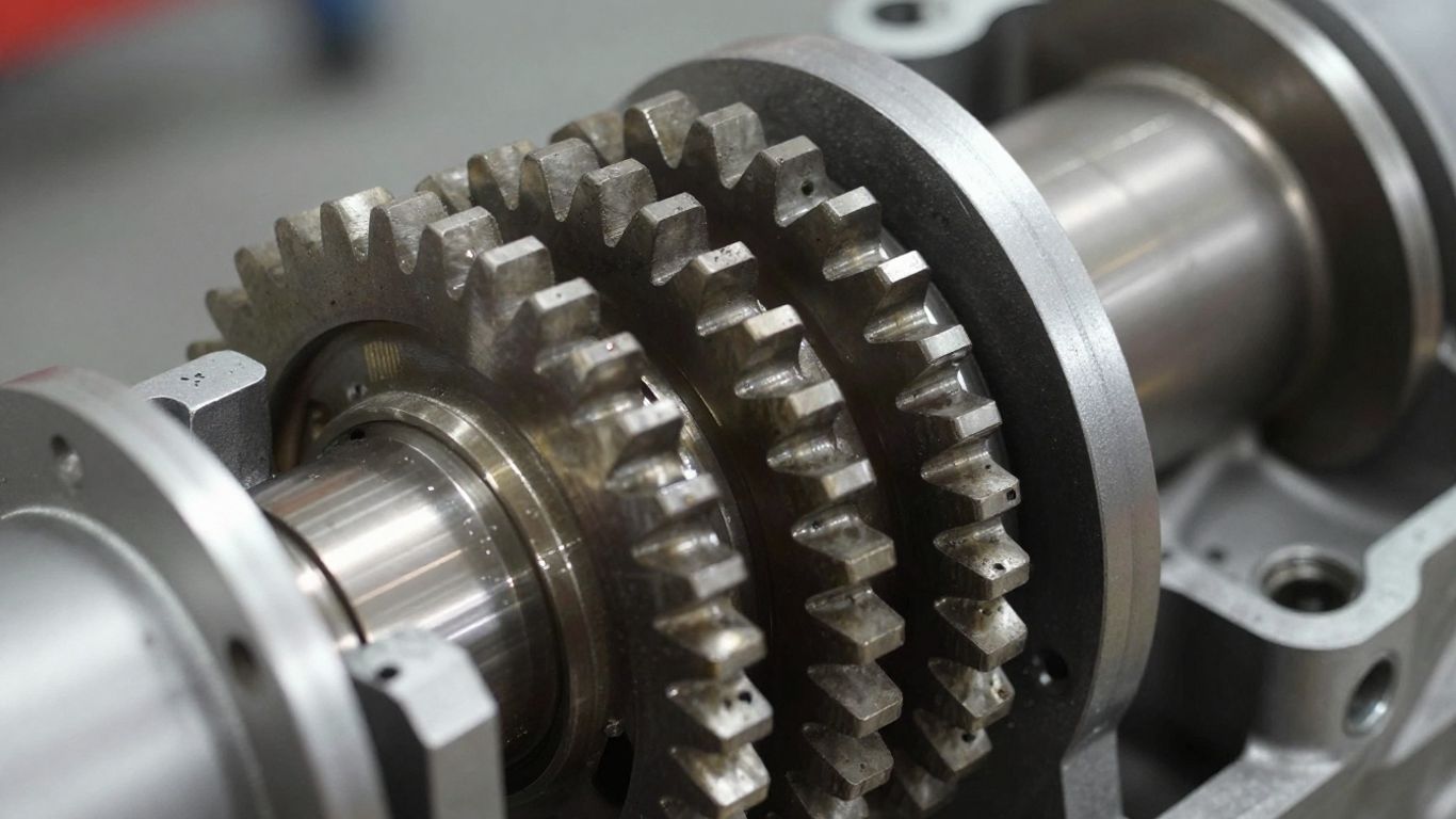 Manual gearbox assembly with visible gears and shafts.