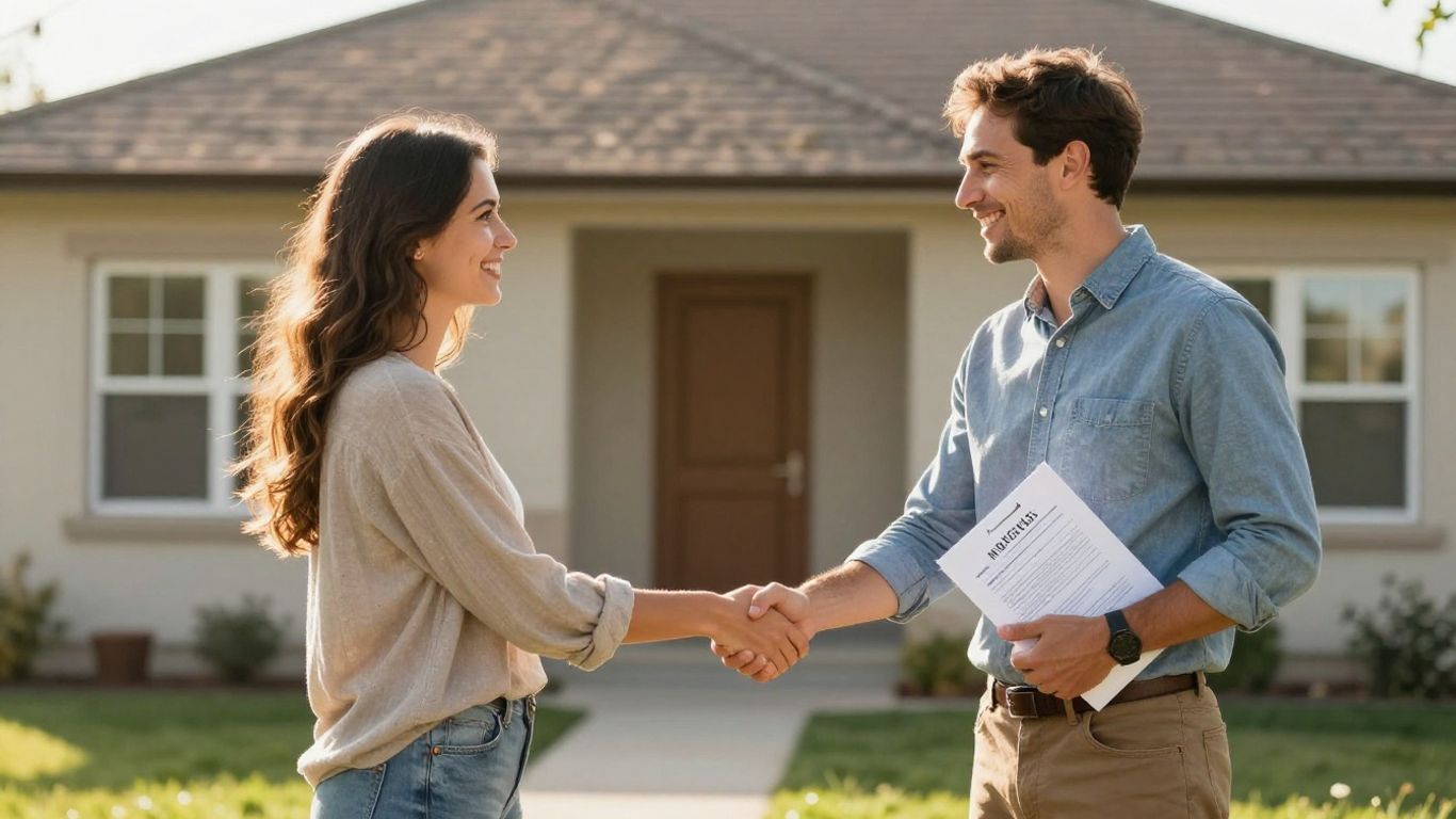 Mortgage broker and happy couple with new house.