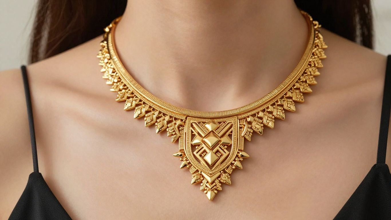 Bold gold designer necklace with geometric patterns.