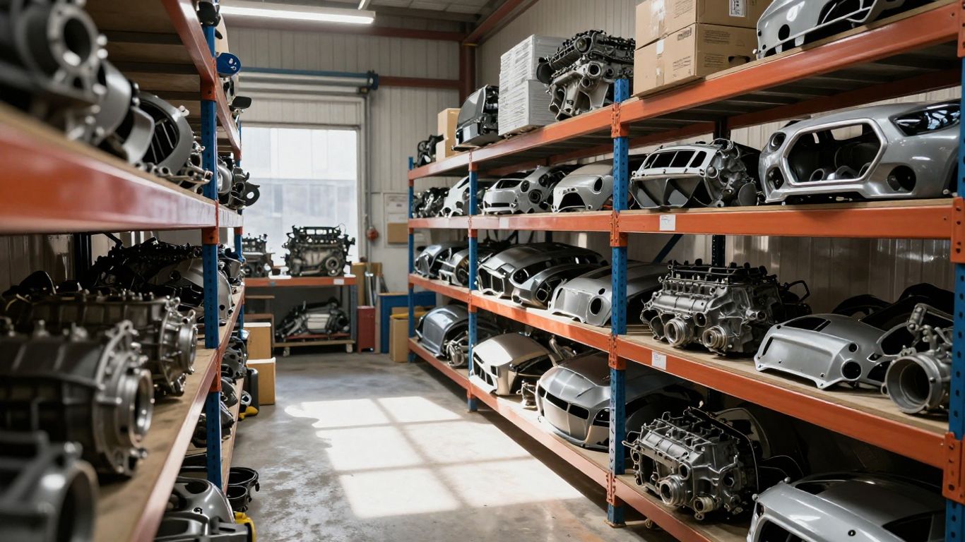 Used Kia auto parts in a warehouse.
