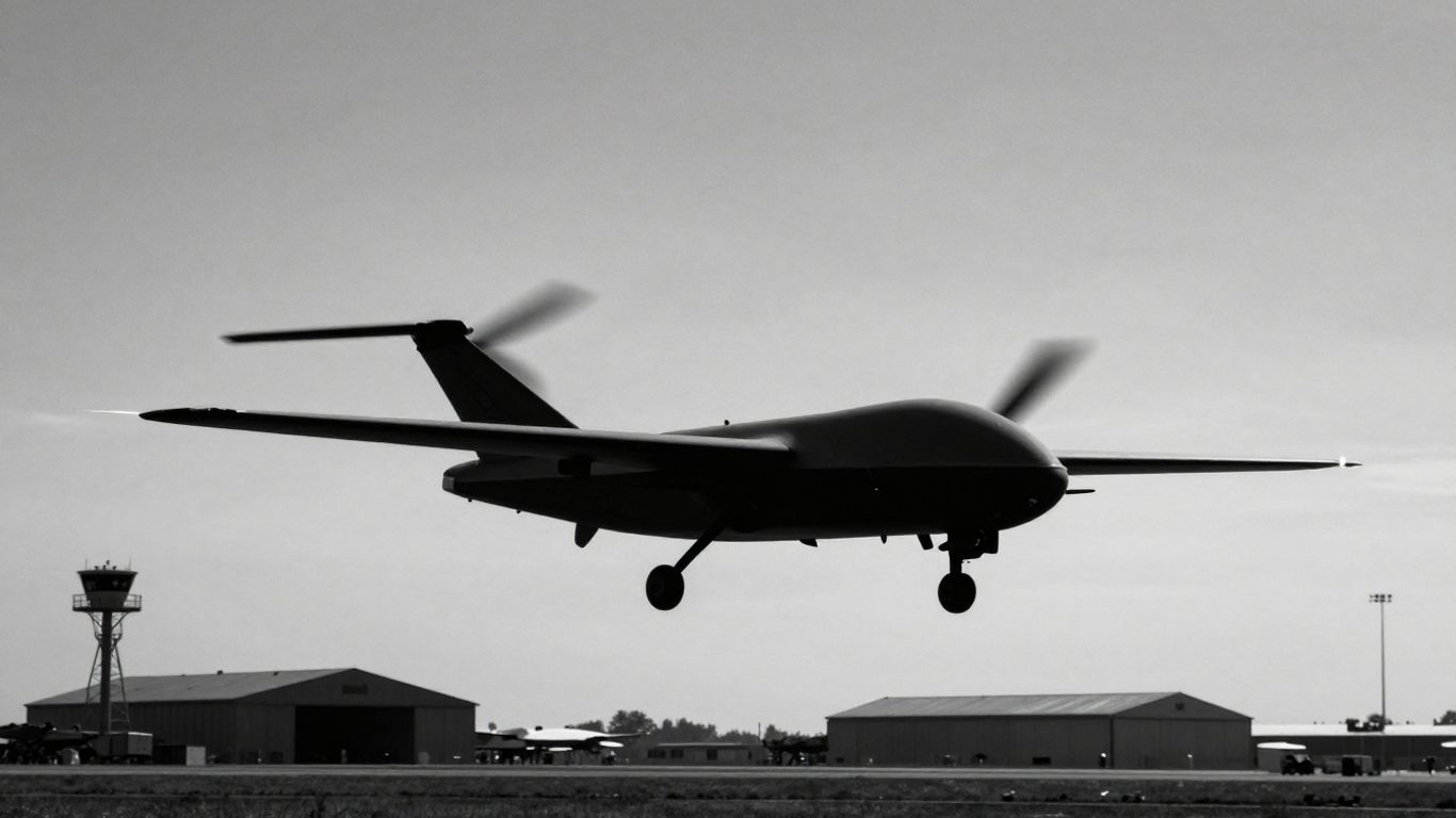 Drone flying over Barksdale Air Force Base at night.