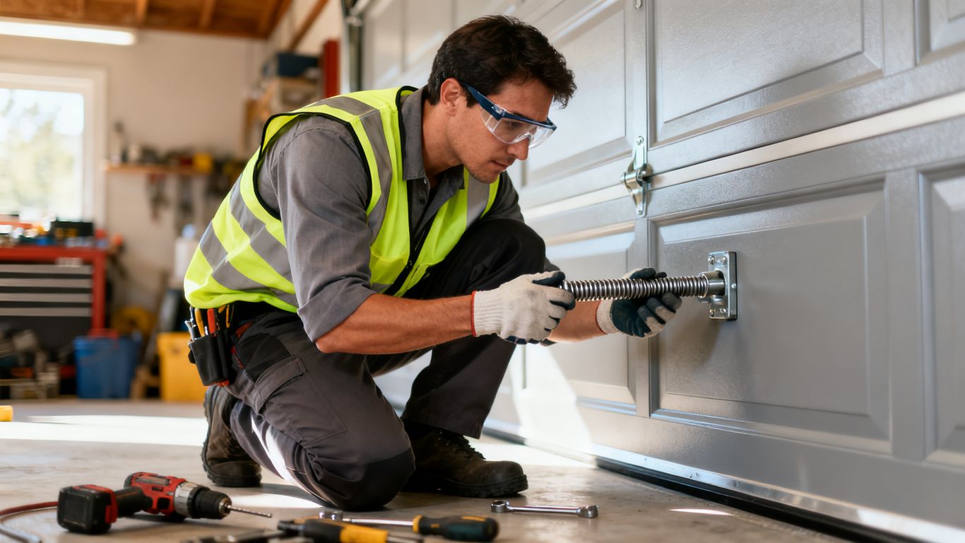 Garage door technician working on a spring repair project