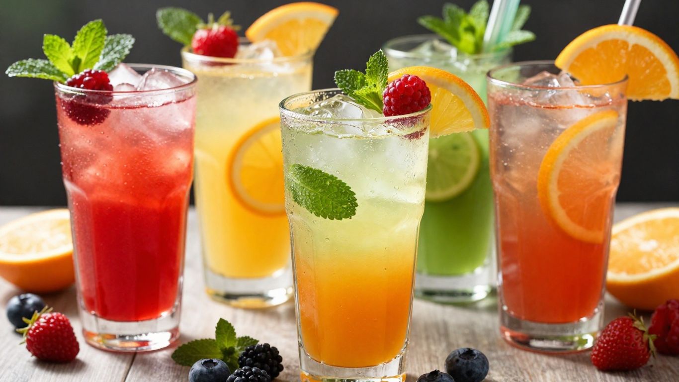 Colorful healthy mocktails with fresh fruit garnishes.