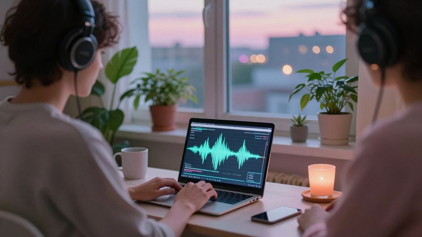 Person with headphones relaxing in cozy bedroom at twilight
