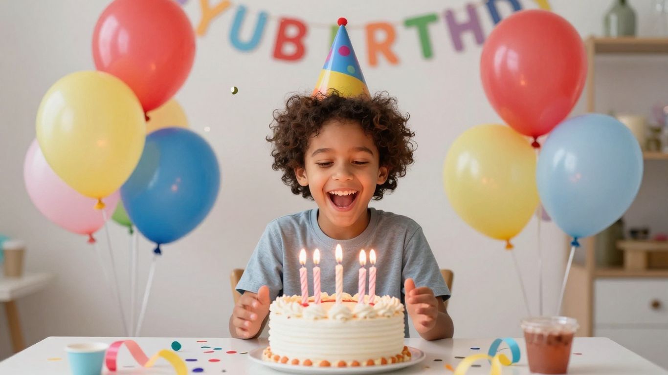 Joyful child at a colorful birthday party with cake and balloons.
