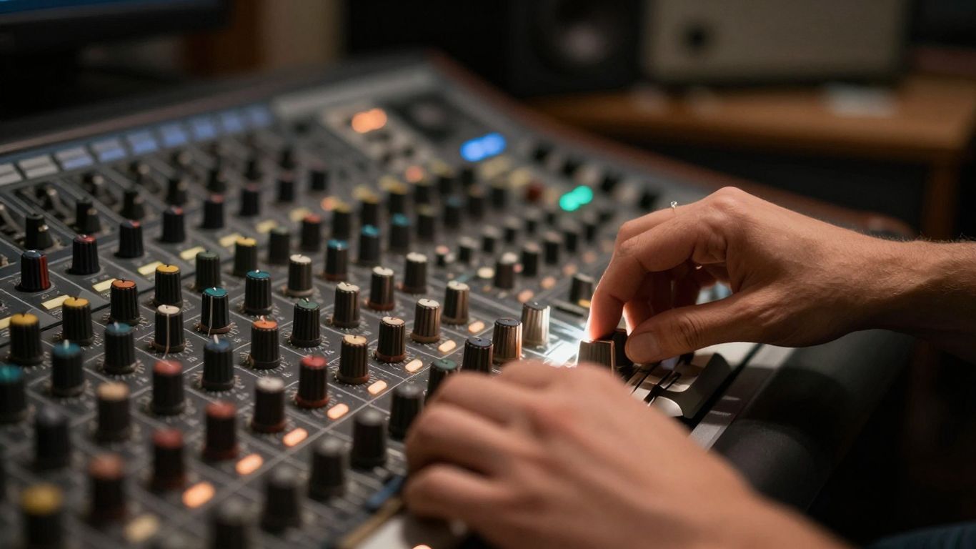 Sound engineer adjusting reverb pre-delay on a mixing console.