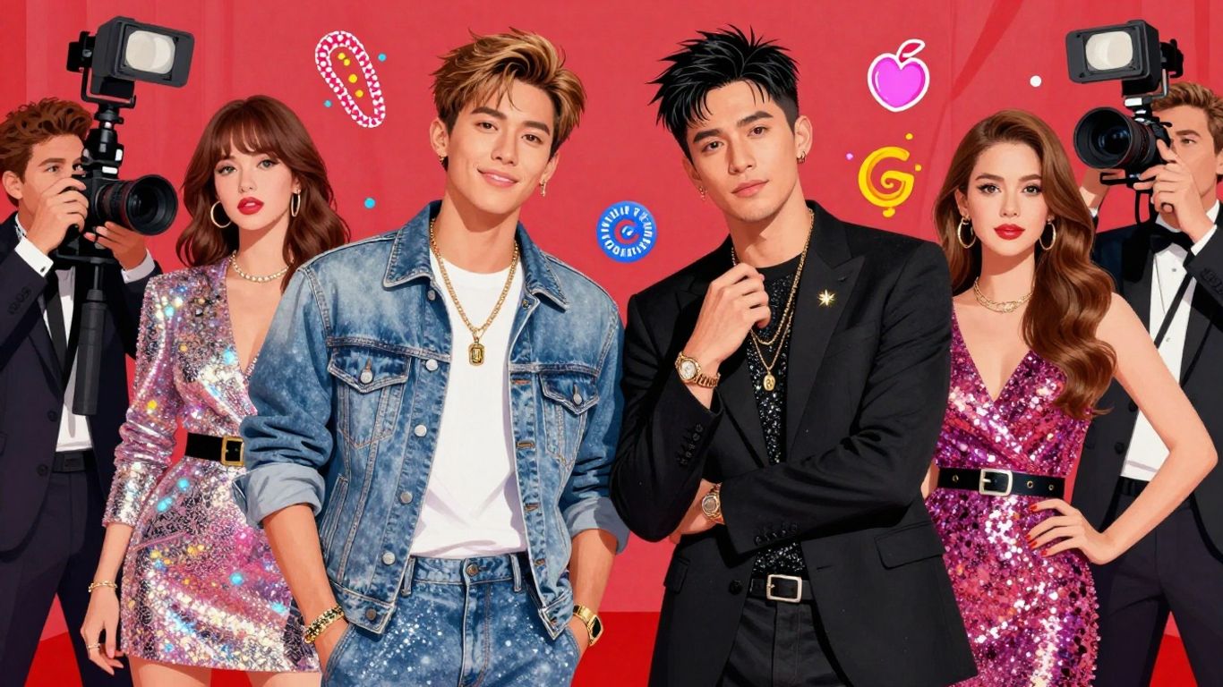 Celebrities in stylish outfits on a red carpet.