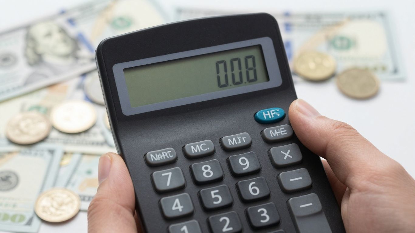 Hand holding calculator with money in background