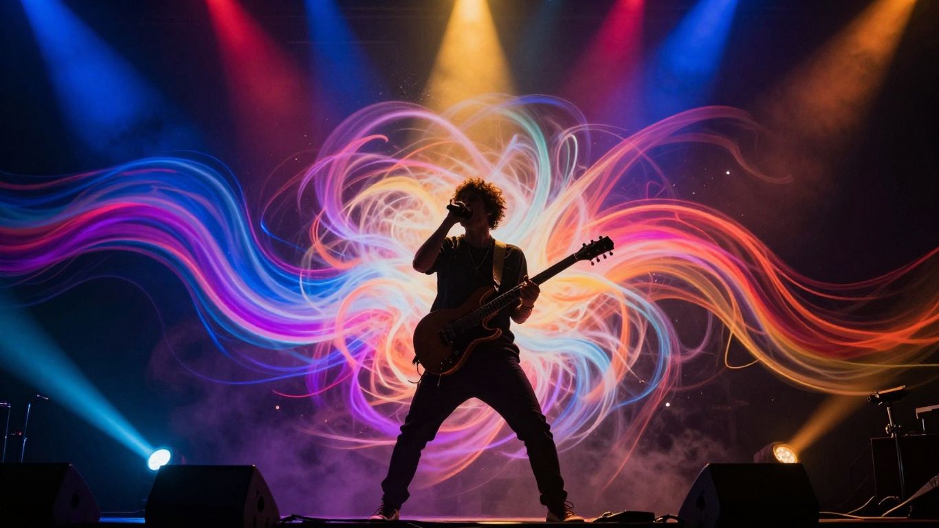 Musician performing with abstract AI visuals