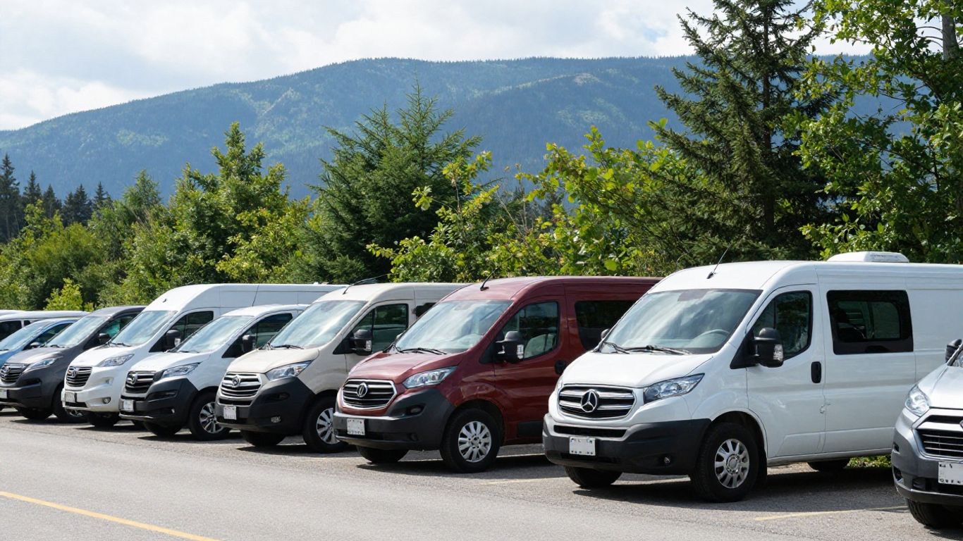 Campervans parked on a scenic Canadian roadside with mountains.