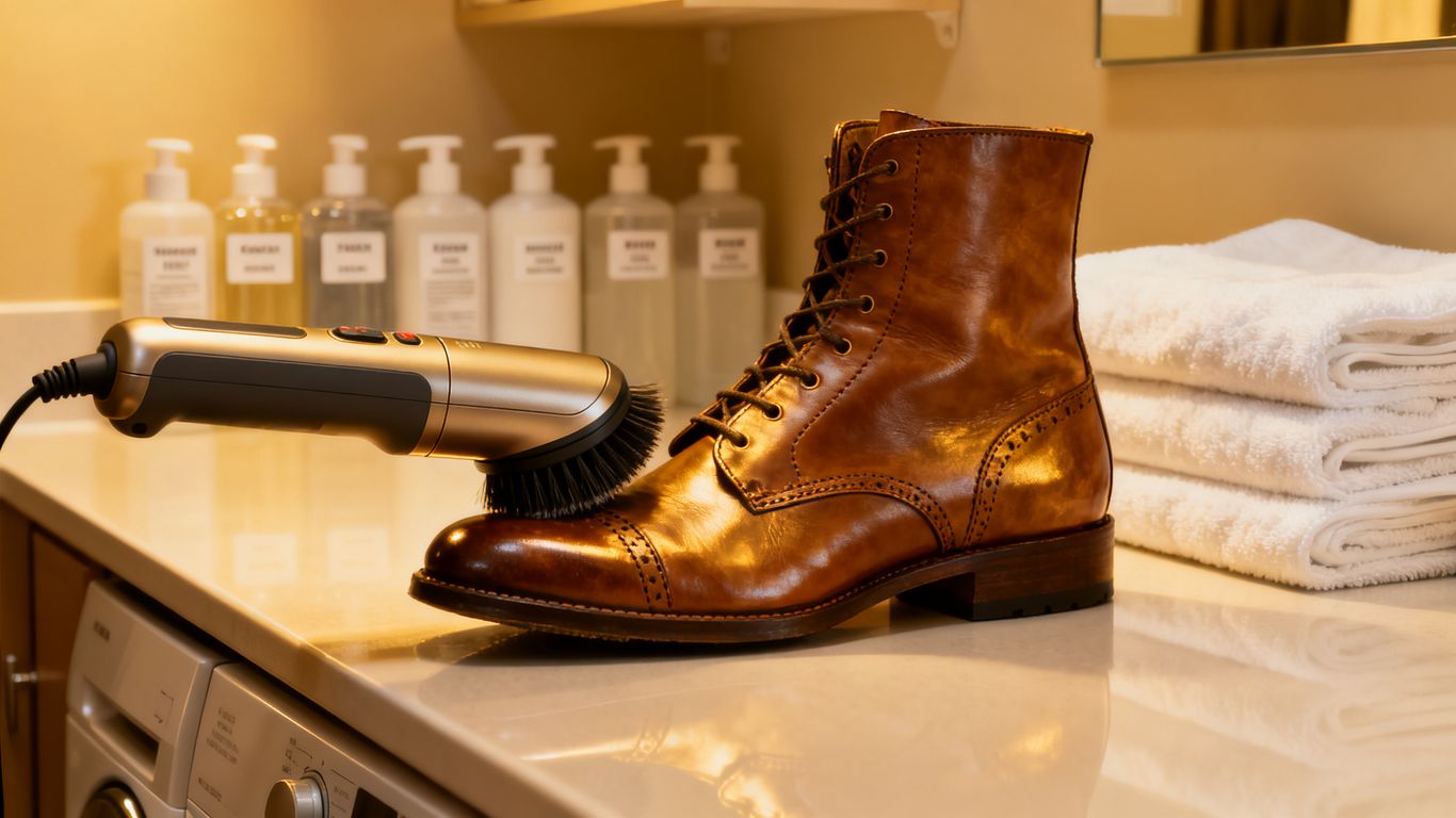 Professional footwear maintenance setup indoors
