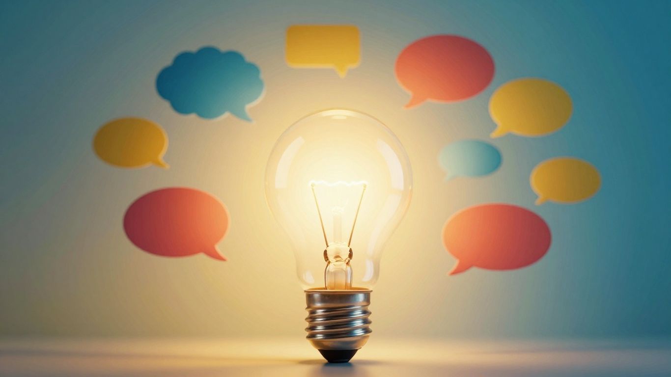 Lightbulb illuminating colorful speech bubbles, symbolizing business slogans.