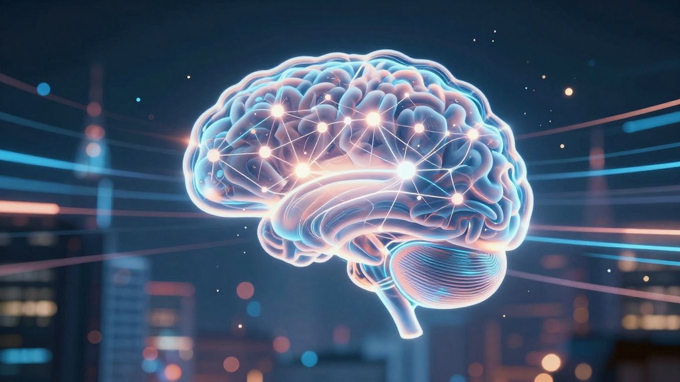 AI brain over futuristic cityscape