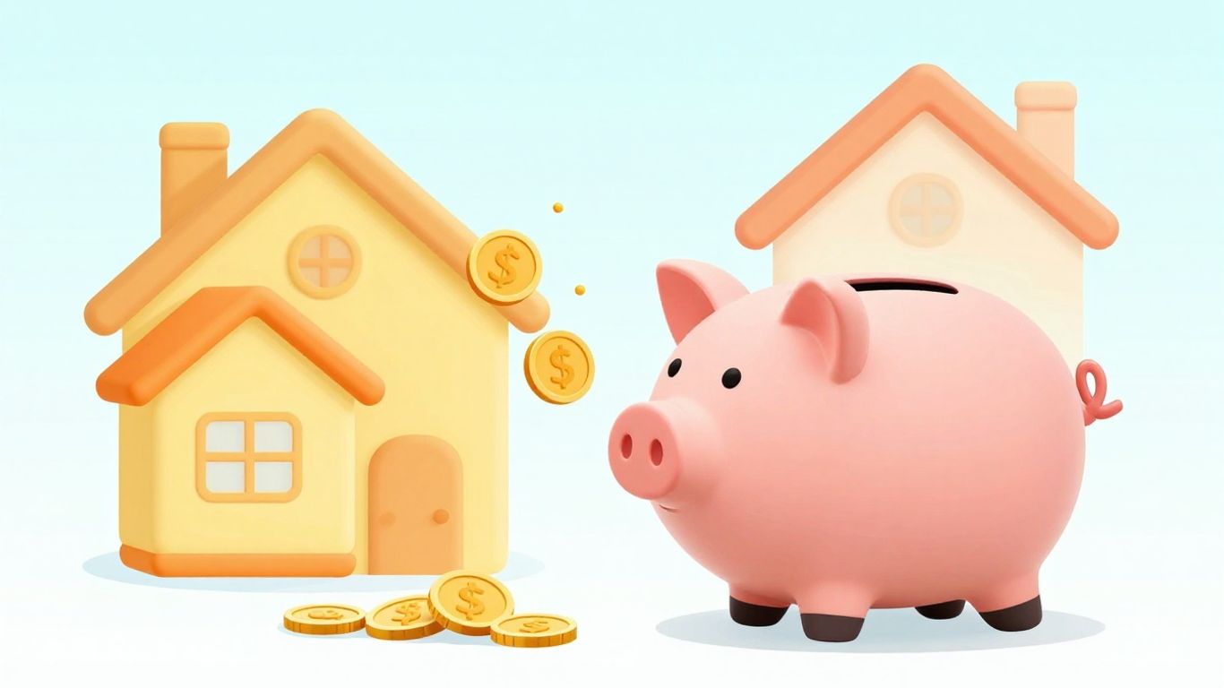 Cartoon piggy bank with coins flying out.