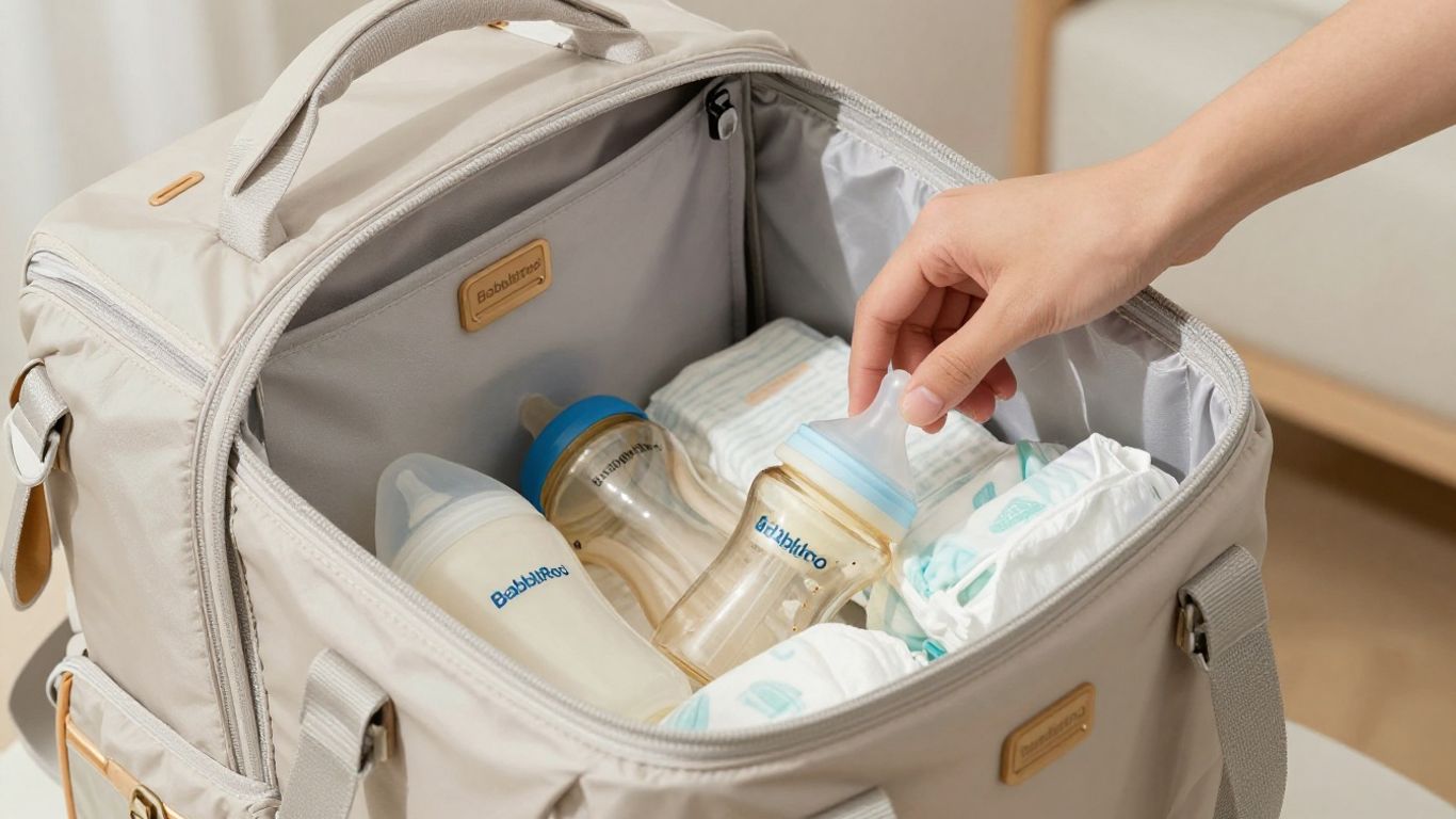 Stylish BabbleRoo diaper bag with organized baby essentials.