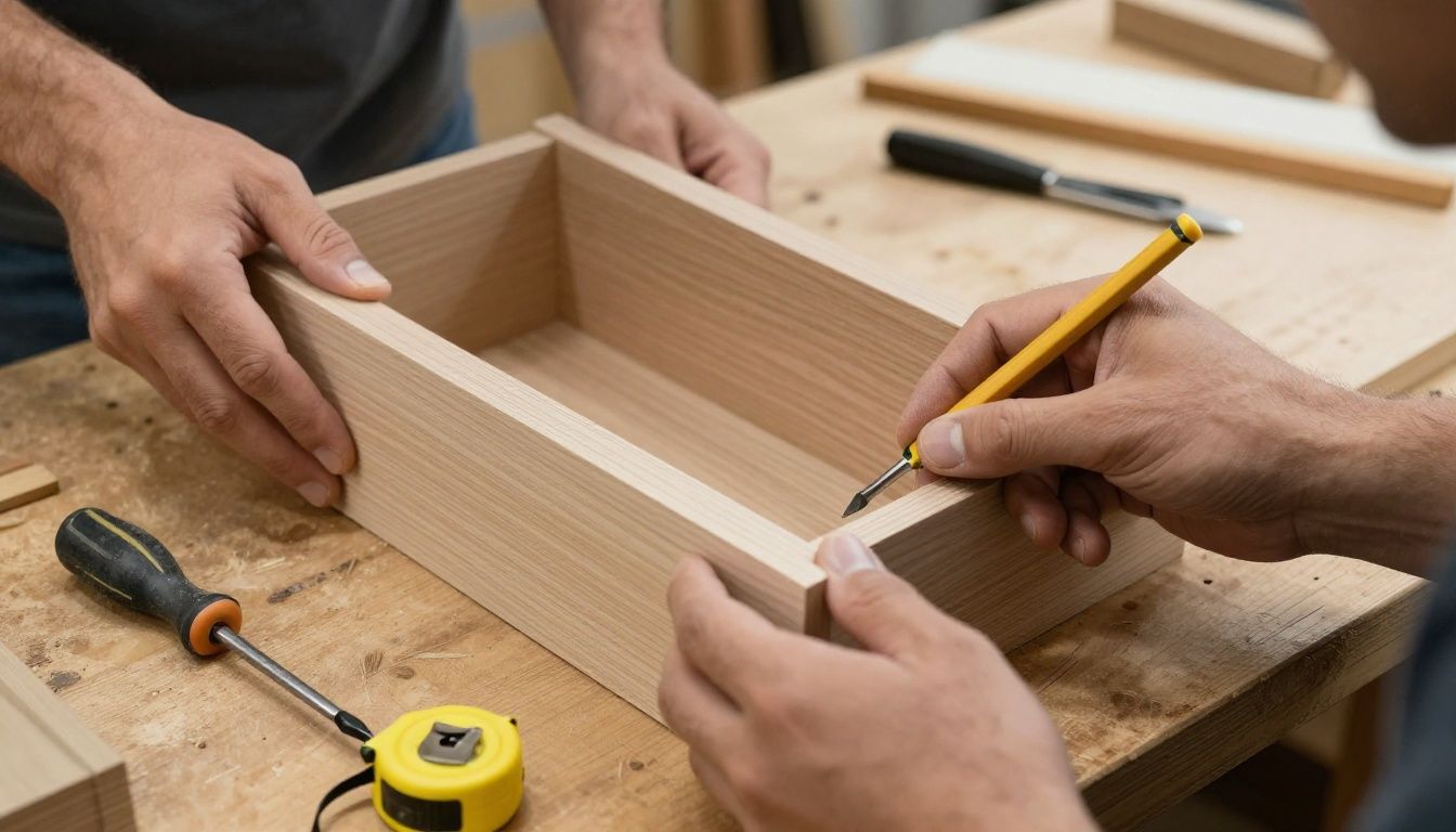 Cabinet maker's hands assembling a wooden drawer with tools.