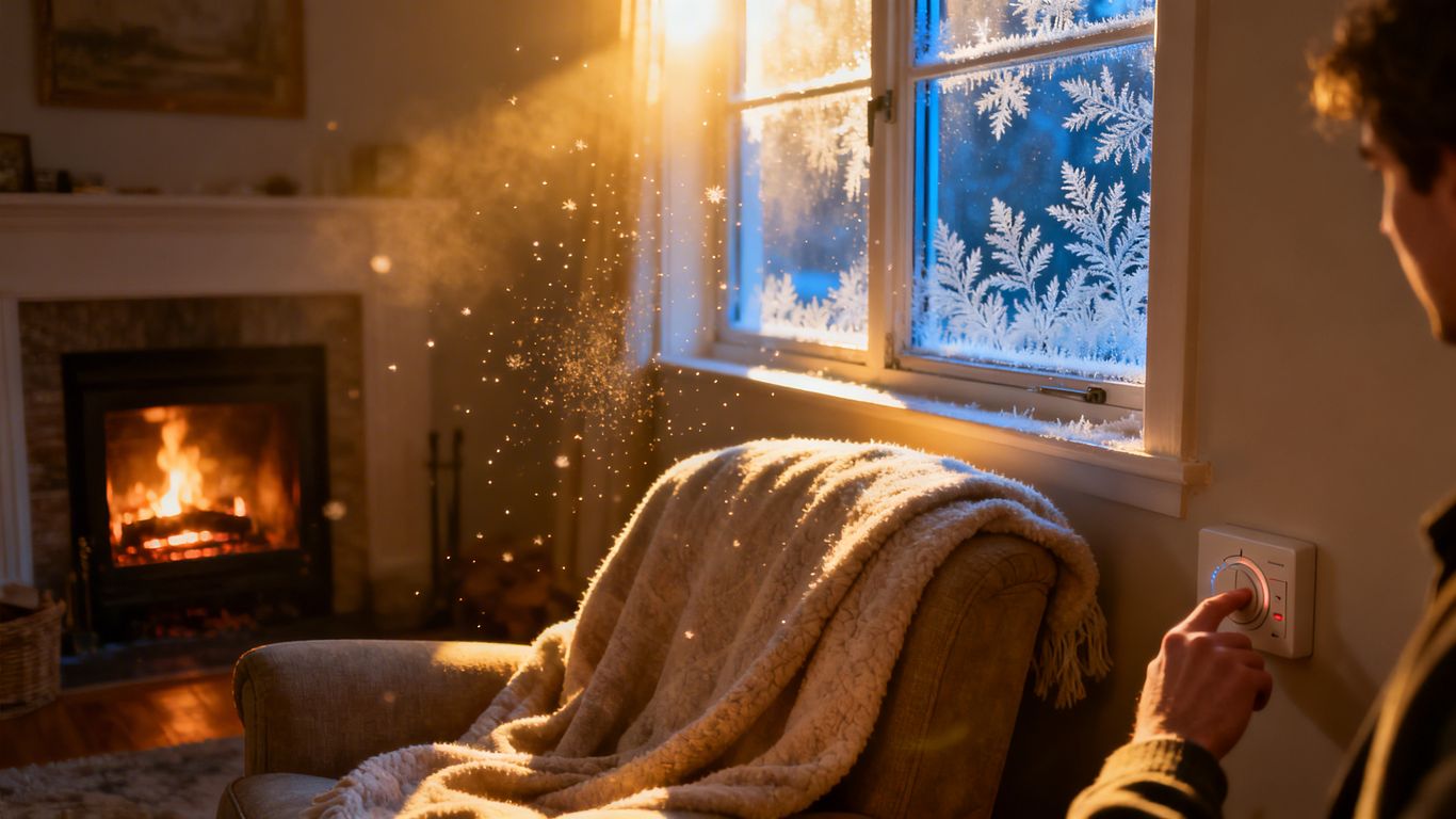 Cozy living room with fireplace and sunlight, person adjusting thermostat.