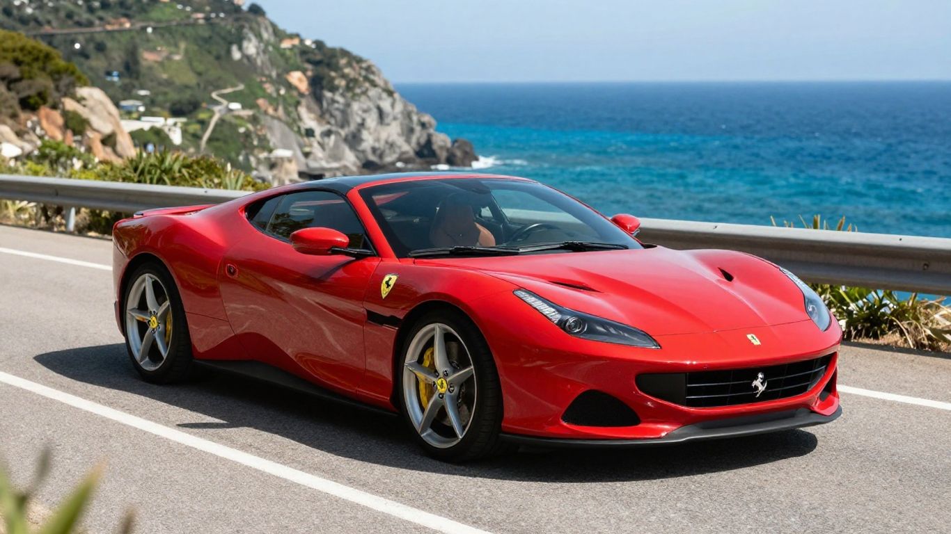 Ferrari Portofino on a scenic coastal road.