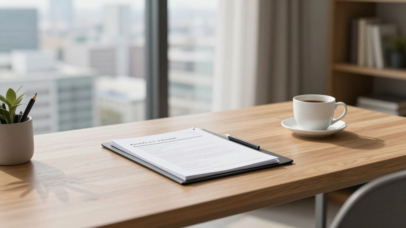A professional planning folder on a minimalist desk with Japanese residency documentation.