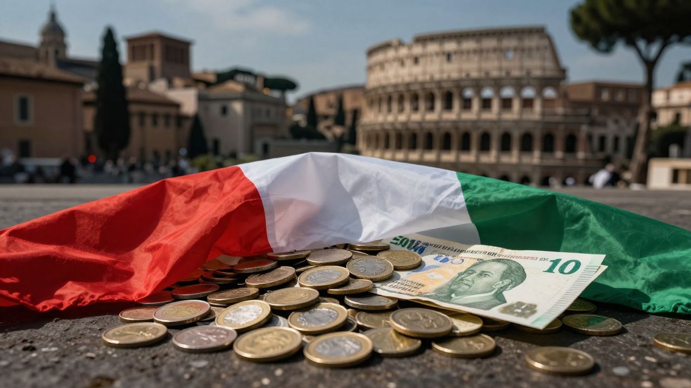 Italian flag over coins with Rome skyline.