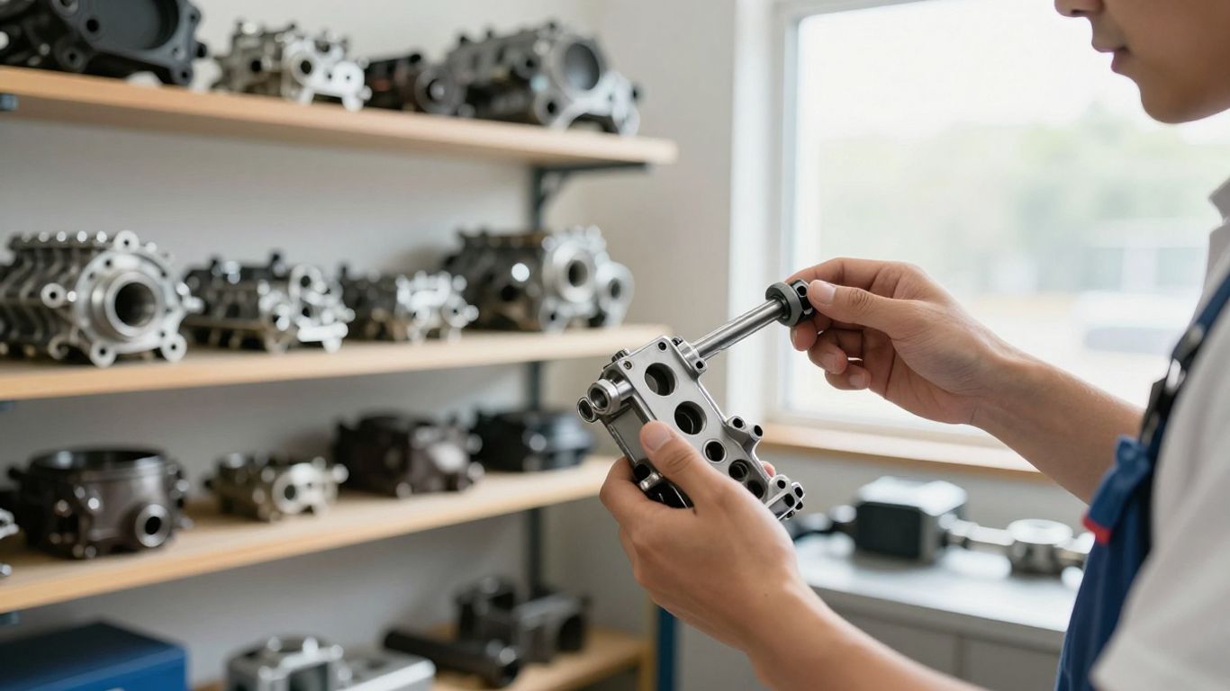Used Kia Rio car parts in a workshop.