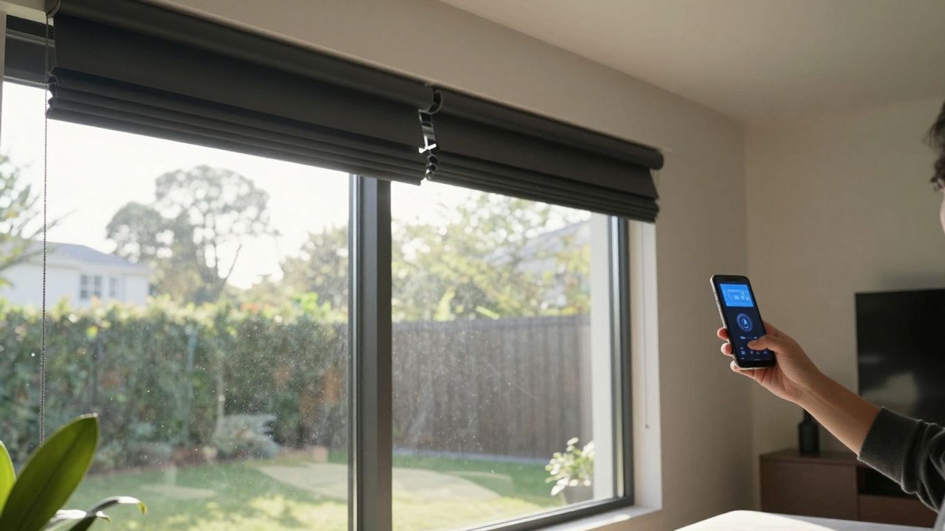 Motorized shades in a modern smart home.