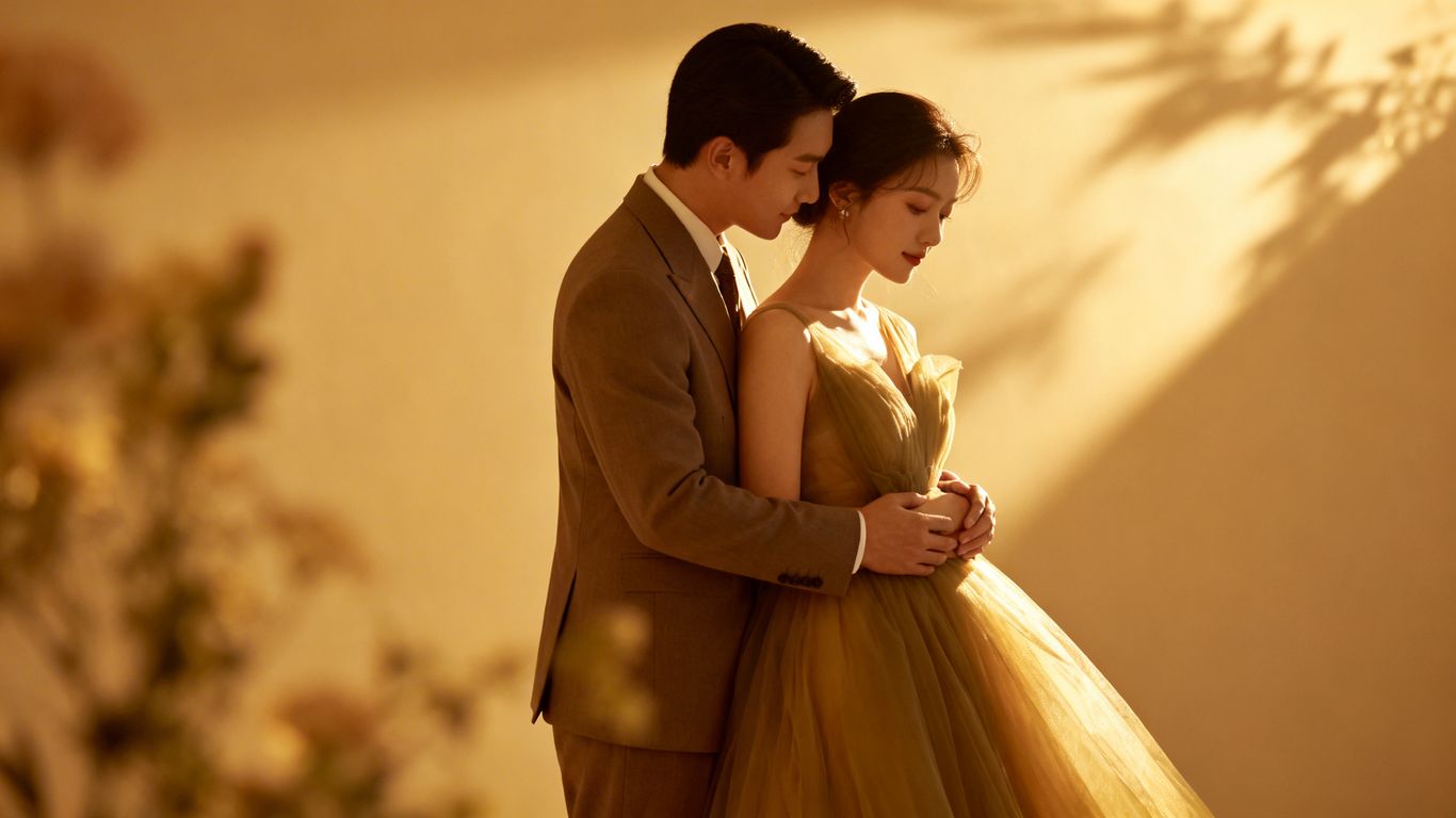 Couple in a tender embrace, bathed in golden light.